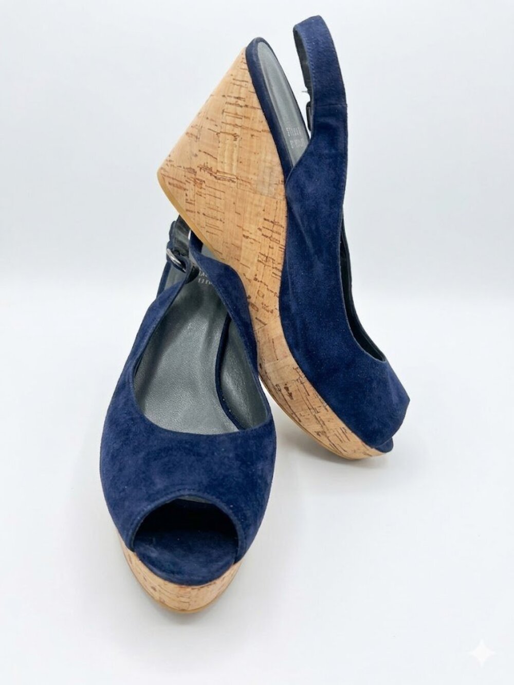 Stuart Weitzman Blue Suede Peep-Toe Wedge Heels 9M